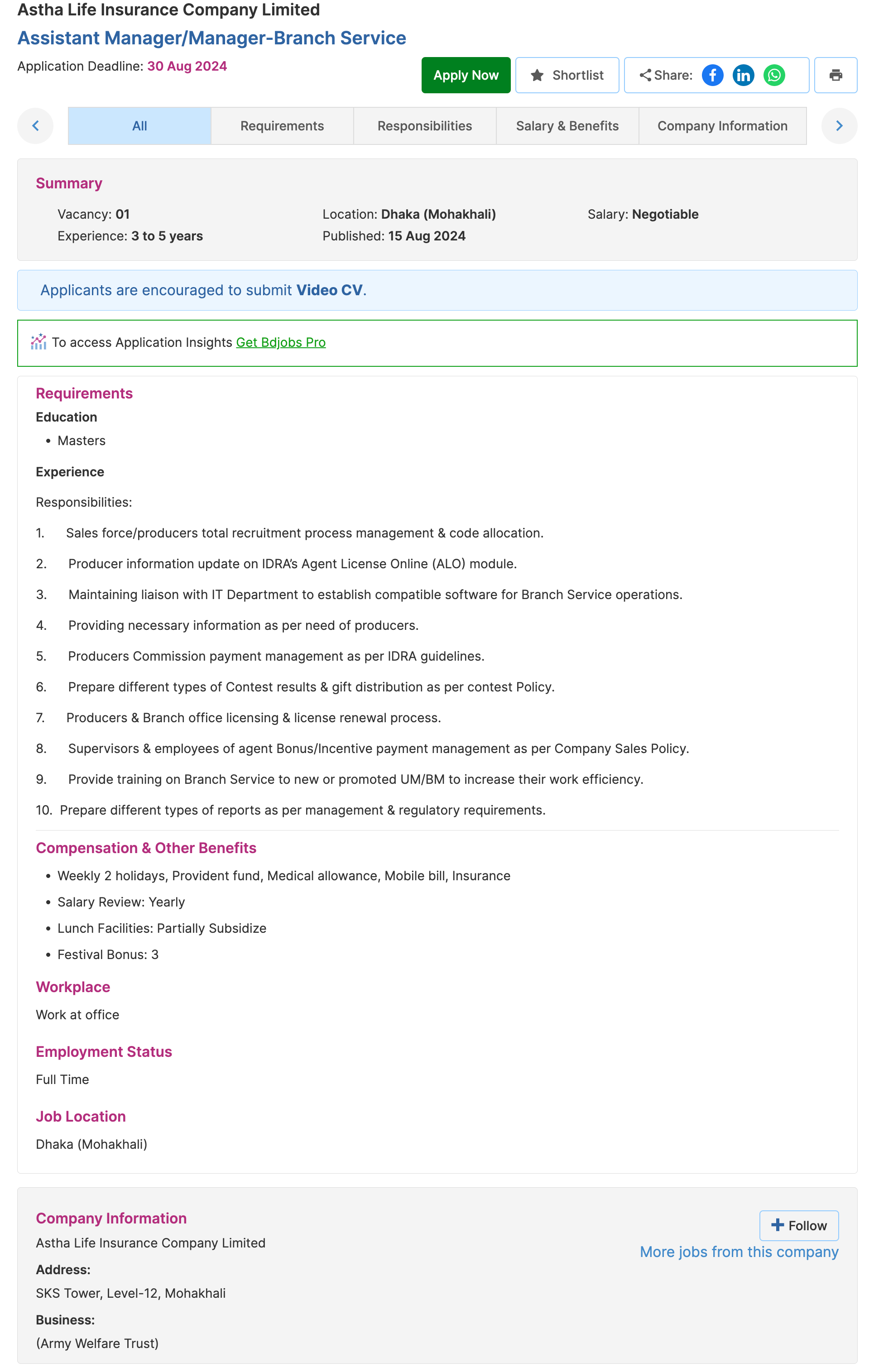 Astha Life Insurance Company Limited job circular